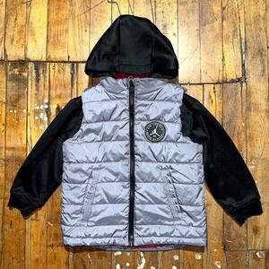 Jordan Puffer Jacket Boys 3T Gray Black Long Sleeve Hooded Full Zipper Outdoor